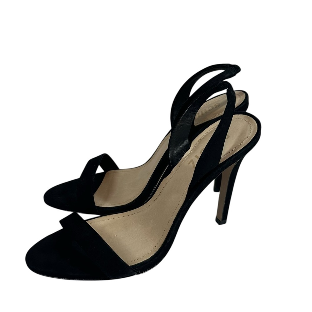 SCHUTZ Black Suede Open-Toe Slingback Heels